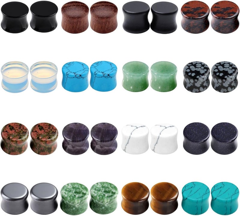 PiercingJ Acrylic Wood Mixed Stone Plugs - 16 Pairs/32 Pieces Set - Ear Tunnels & Gauges - Double Flared Ear Expander Set - Image 1